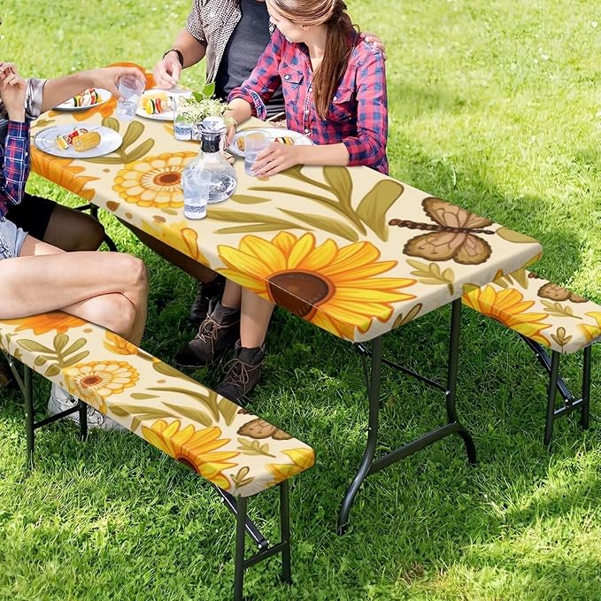 Yellow Floral Picnic Table Cover with Bench Covers Camping Essentials Outdoor Table and Chairs Decorative Sets Flexible Picnic Table 3 Piece Set Suitable for BBQ Picnic Party Camping