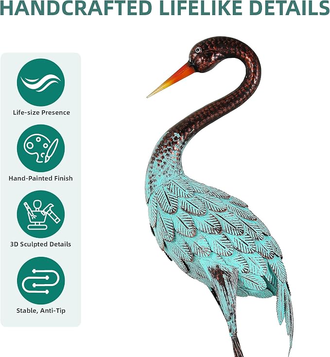 47.5" Blue Heron Decor, Metal Crane Statue Handcrafted | Extra-Large Metal Garden Bird Animal Yard Art, Stable U-Ground Stakes, Backyard Decoration for Lawn