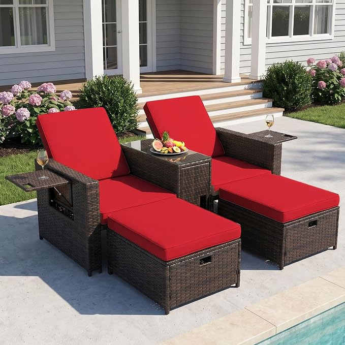 LVUYOYO 5 Piece Patio Furniture Set, Patio Wicker Conversation Set with Ottoman, Outdoor Chaise Lounge Chair with Side Table & Adjustable Backrest for Pool Backyard Garden (Brown Wicker Red Cushion)