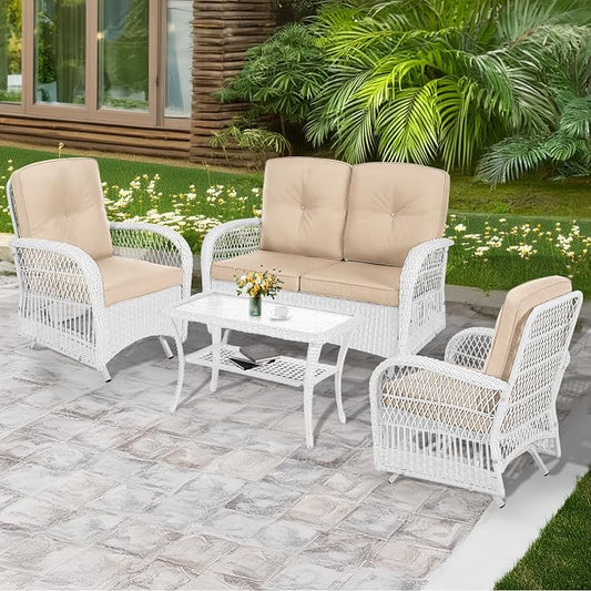MEETWARM 4 Pieces Outdoor Wicker Patio Conversation Sets with Glider Loveseat, 2 Chairs with Coffee Table Wicker Rocking Glider Set, Rattan Conversation Set with Thickened Cushions, White/Beige