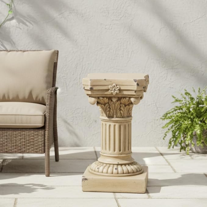 Merax 16.73" H Corinthian Pedestal Plant Stand, MGO Decorative Pedestal Side Table for Indoor Outdoor Entryway Garden Home, Antique Yellow, No Assembly Needed