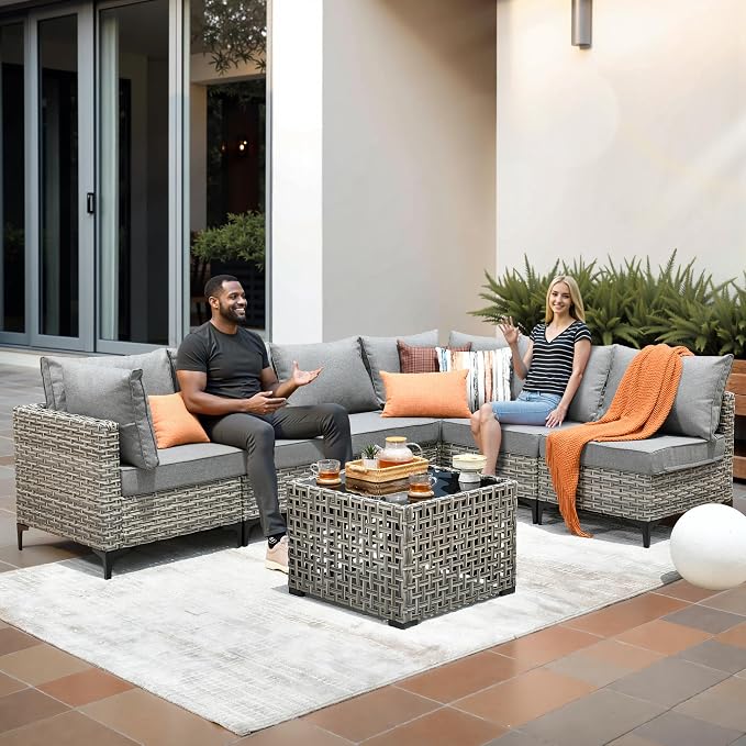 CAODOC Outdoor Sectional Patio Furniture Set,10 Pieces Wicker Conversation Sets L Shaped Couch,Out Door Sofa Outside Furniture with Swivel Chairs,Dark Gray