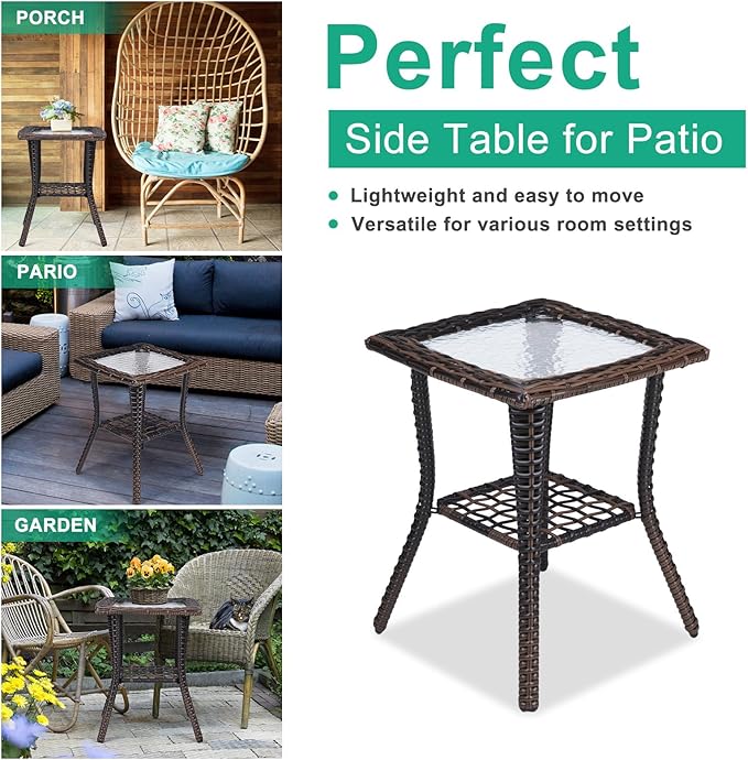 Outdoor Side Table with Storage Wicker Patio Side Table, Tempered Glass Top End Table for Balcony Porch Deck (Brown)