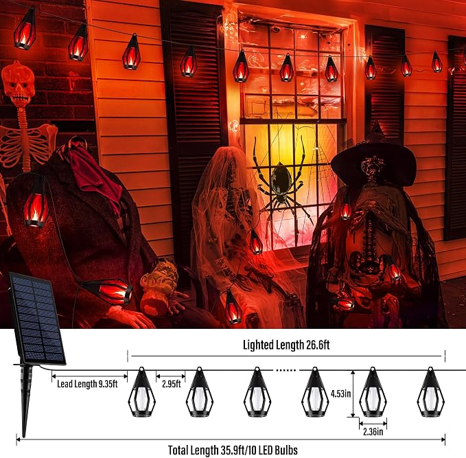 iBaycon 27FT 10 LED Solar Flame Halloween String Lights Outdoor, Red | Ultra-Real Flickering Flame Lamp Outdoor Waterproof, Solar Patio String Lights for Garden Yard Lawn Halloween Decorations