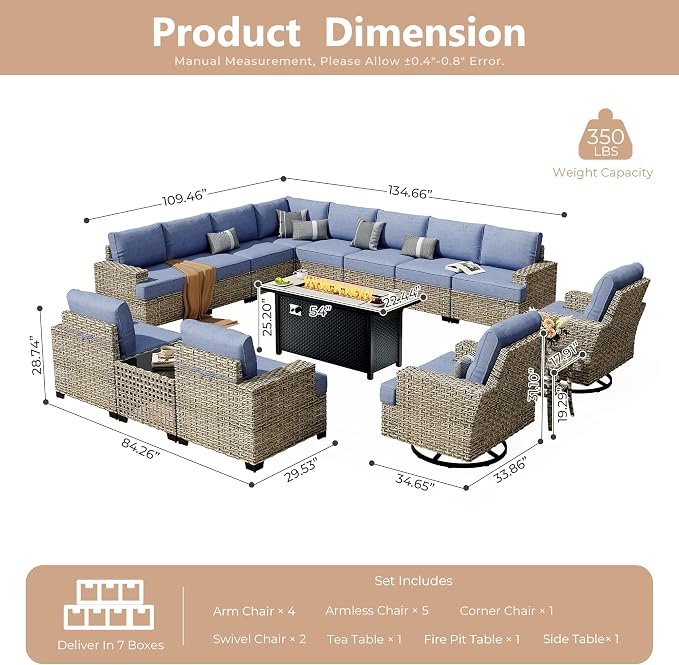HOOOWOOO Sectional Patio Furniture Set With Fire Pit Table,15 Pieces Wicker Outdoor Furniture L Shaped Couch,Outside Conversation Set Extra Deep Seat Sofa Wide Arm Swivel Chairs Solar Light,Denim Blue
