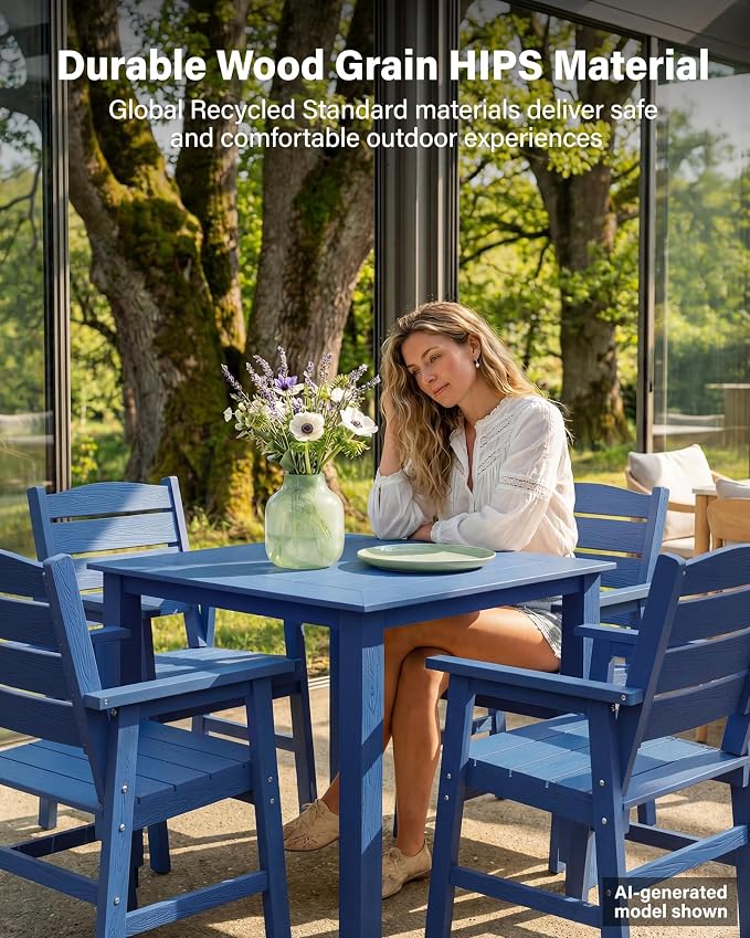 YEFU HIPS Outdoor Table and Chairs : Square Family-Friendly Patio Dining Sets - 5-Piece All-Weather Easy-Clean Outdoor Dining Set - Modern Furniture for Garden Deck Backyard Poolside（Navy）