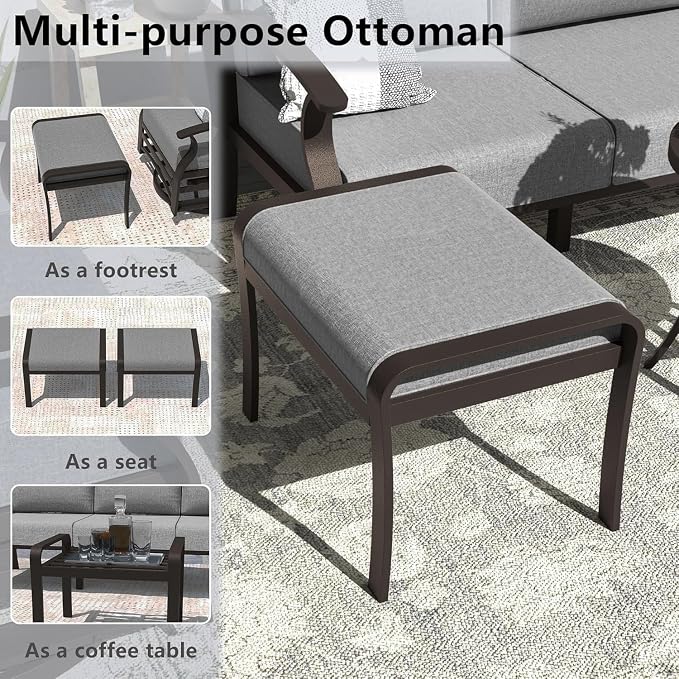 Aluminum Outdoor Patio Furniture Set,5 Seats Patio Conversation Sets with 45" Propane Fire Pit Table 2 Ottomans,Metal Furniture Set with 2 Swivel Rocking Chairs,Grey