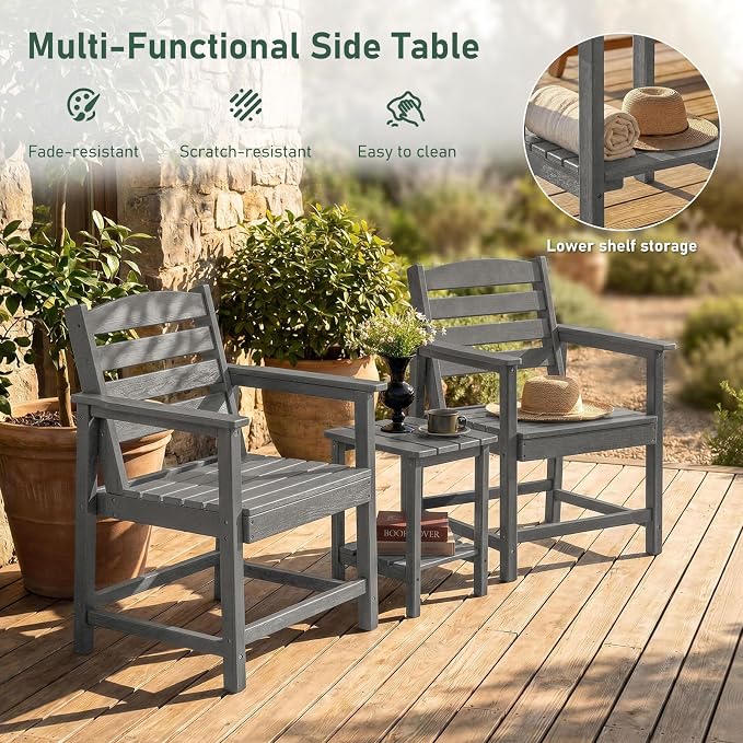 Furnimart 3-Piece Patio Bistro Set, HDPE Outdoor Chairs Set of 2 and Side Table, All-Weather Outdoor Furniture Set, Modern Conversation Sets with Coffee Table for Garden, Balcony, Porch, Grey