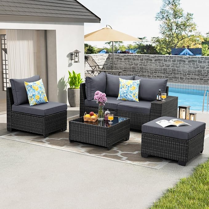 JOYURE 5 Pieces Patio Furniture Set All-Weather Outdoor Wicker Sectional Conversation Sofa Rattan Patio Seating Sofa with Cushion and Glass Table for Porch Poolside,Grey