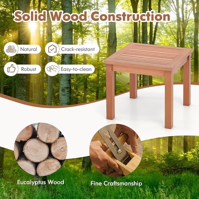 Tangkula Adirondack Outdoor Side Table, 18" Small Square Patio End Table with Slatted Tabletop, Natural Eucalyptus Wood Side Table for Backyard, Garden, Porch & Poolside (18” x 18”)