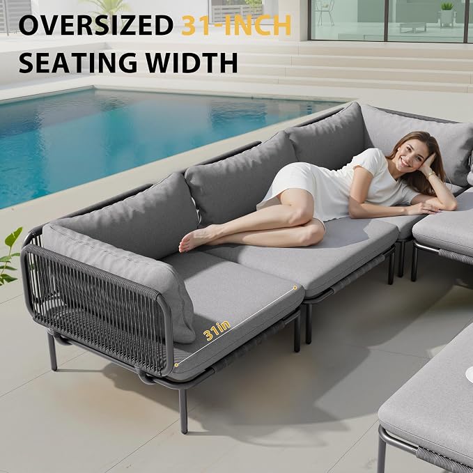 4 Piece Modern Outdoor Sectional Sofa, 31" Oversized Patio Furniture Set with Olefin Woven Rope, Weather-Resistant Metal Frame and Removable Cushion, Dark Grey