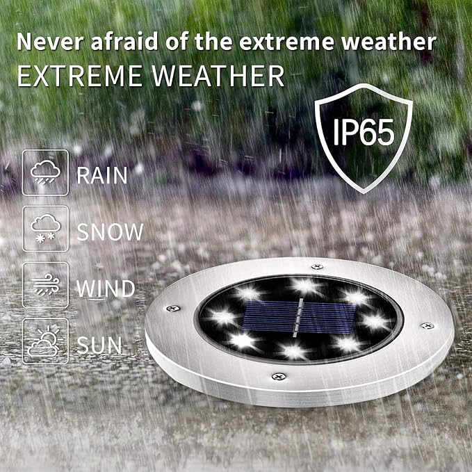 INCX 24 Pack 4.6 Inch Solar Ground Lights Outdoor, Waterproof, Cold White | 8 LEDs, 600mAh Ni-MH battery, 8-10 hr runtime, stainless steel and ABS body, garden lights for pathways, lawns and driveways