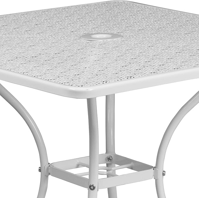 EMMA + OLIVER Commercial Grade 35.5" SQ White Indoor-Outdoor Steel Patio Table - Umbrella Hole