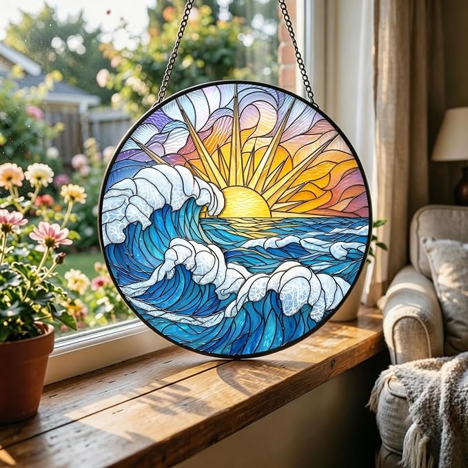 Deluxe Bundle | Stained Glass Window Hanging, Ocean Sunrise 3D Embossed Diamond Glass Suncatcher, 7-Piece Coastal Gift Set with Crystal Pendant & Invisible Hooks