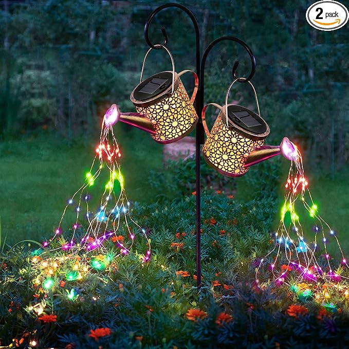 Solar Lights Outdoor Decorative, 2 Pack Metal Solar Watering Can Lights Waterproof, Small Hanging Garden Decor Yard Lights Outside Patio Lawn, Gifts for Mom Grandma Women Birthday(Colorful)