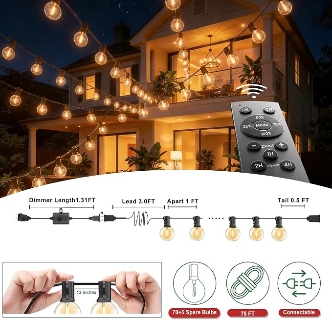 Outdoor String Lights with Remote 75FT Waterproof Outside Lighting for Yard | 1FT Bulbs Apart,75 Feet Dimmable Connectable Patio Lights with Remote,Timer, 3 Modes for Backyard, Bistro,Garden,Balcony,Deck