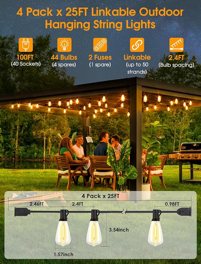 100FT(4x25FT) Outdoor String Lights, Patio Lights with 40+4 LED Dimmable Waterproof Linkable ST38 Edison Bulbs for Gazebo Camping Party, Black