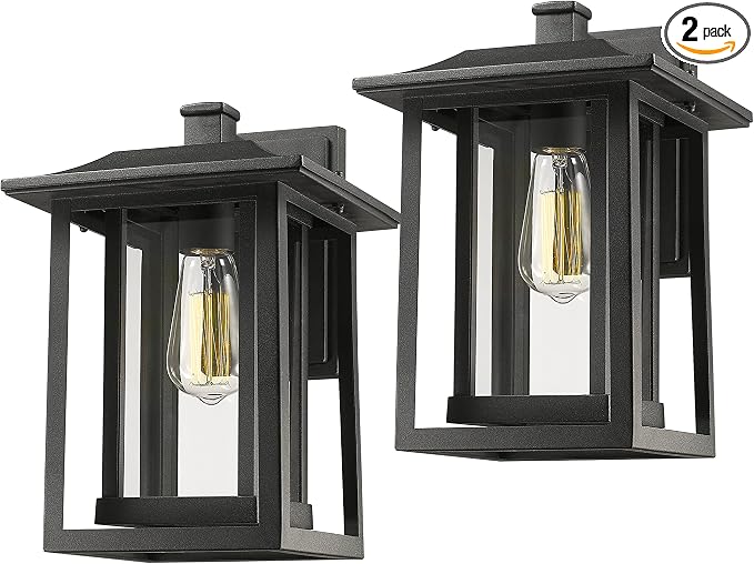 Beionxii Outdoor Light Fixture, Dusk to Dawn Exterior Wall Mount Lantern Outside Lights for House Porch Patio, Black Cast Aluminum w/Clear Glass (13.5" x 9") - A197W-2PK