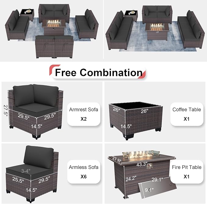 Kurapika 10 Pieces Patio Furniture Set, Rattan Wicker Outdoor Conversation Sets w/43in Propane Fire Pit Table and 4 Inch Cushion(Grey)