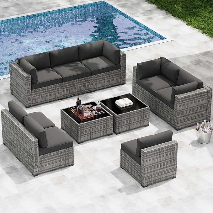 LazySunsets 10-Piece Patio Furniture Set, Wicker Rattan Outdoor Furniture with Thick Cushions, Patio Conversation Sets with Coffee Table, Outdoor Sectional Couch Sofa, Black