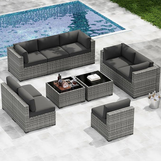 LazySunsets 10-Piece Patio Furniture Set, Wicker Rattan Outdoor Furniture with Thick Cushions, Patio Conversation Sets with Coffee Table, Outdoor Sectional Couch Sofa, Black