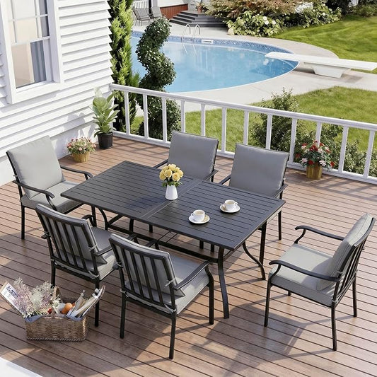 LVUYOYO 7-Piece Outdoor Patio Dining Set, Metal Stackable Chair & Rectangular Table Set, All-Weather Furniture for Backyard, Garden,Balcony,Porch (Gray)
