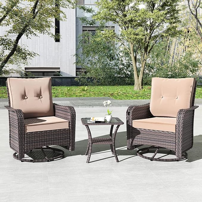 Kullavik Outdoor Swivel Chairs Set of 2,Patio Wicker Rocker Chairs with 4" Thick Cushions and Side Table,Patio Conversation Furniture Set for Patio Porch Deck Backyard,Sand
