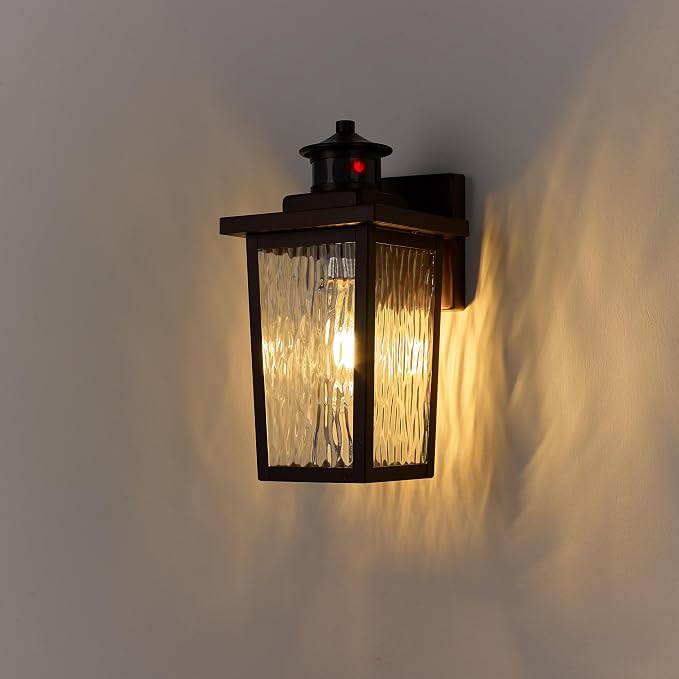 Oil Rubbed Bronze Motion Sensor Exterior Wall Lantern, Dusk to Dawn Outdoor Lighting with Clear Water Glass and E26 Base Socket, 12" Outside Lights for House Entryway