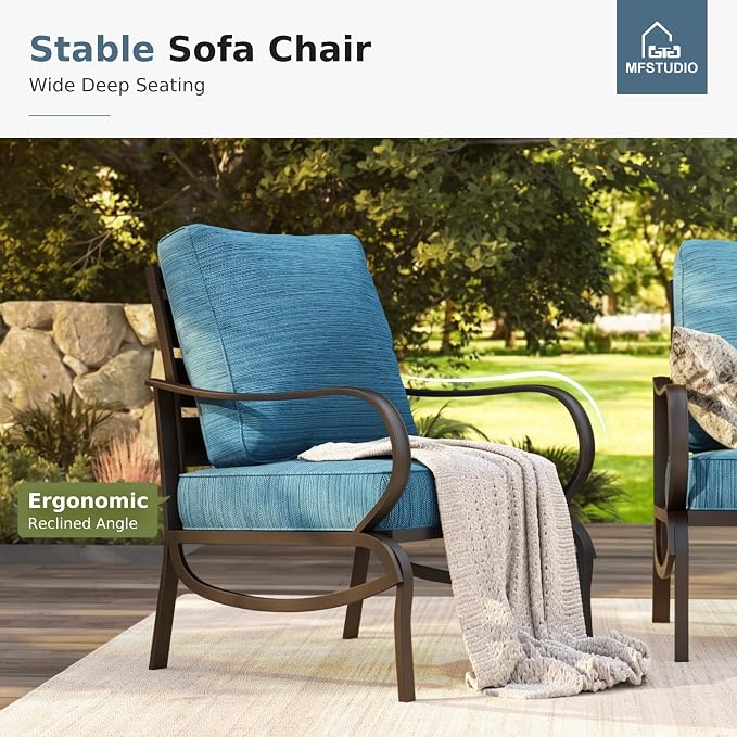 MFSTUDIO 5 Pieces Patio Conversation Sets, 7 Seats Metal Patio Furniture Sets with 1 x 3-Seat Sofa, 2 x Sofa Chairs, 2 x Ottoman, All Weather Patio Sets with 5.75inch Peacock Blue Cushion for Garden