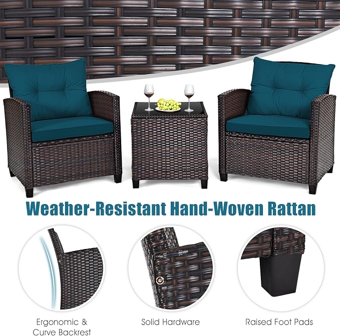 KOTEK 3 Piece Patio Furniture Set, Outdoor Conversation Set with Washable Cushions & Tempered Glass Tabletop, PE Rattan Wicker Bistro Set for Porch, Garden, Balcony (Peacock Blue)