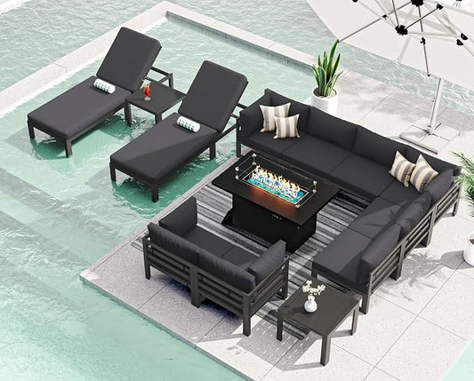 RADIATA 13 Piece Luxury Aluminum Outdoor Sectional Sofa with Chaise Lounge & Firepit, Large Modular Patio Furniture Set, 29" Deep Wide Seating, 500 lbs Heavy Duty Conversation Set for Deck, Dark Gray