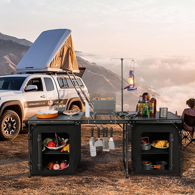 REDCAMP 6 ft Portable Camping Kitchen Table, Tri-fold Camping Grill Table Cook Station with Storage Organizer and Telescoping Light Stand for BBQ, Party and Picnic