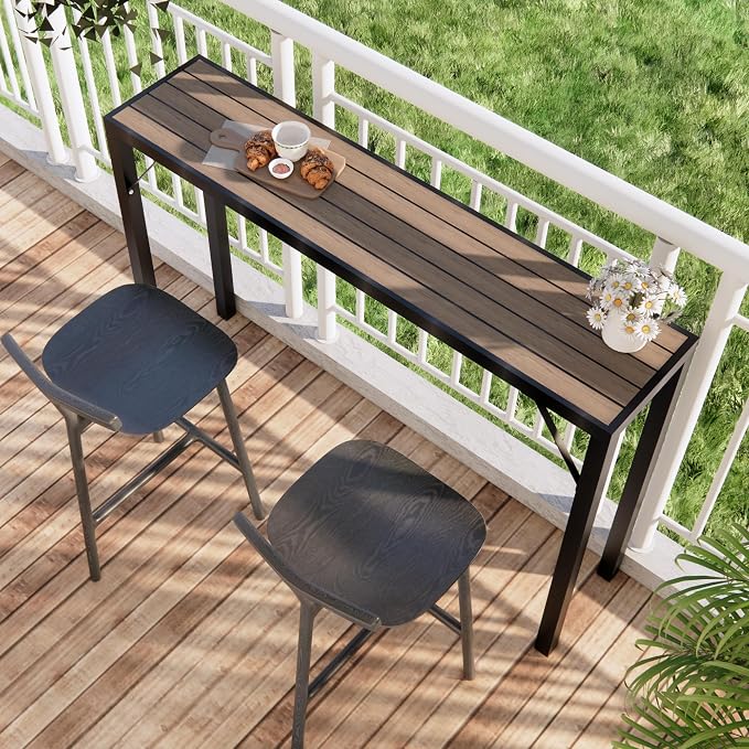 Outdoor Bar Table, 55” Patio Bar Height Table, Bar Counter Pub Dining Table with Waterproof Top for Balcony, Garden, Yard, Poolside (Brown), BTZ001-140Br