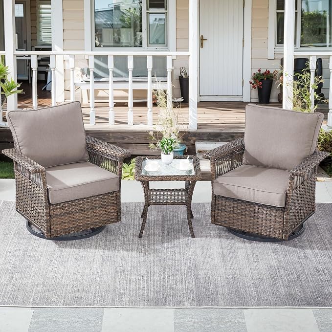 Patio Conversation Set 2 Wicker Swivel Glider Chairs with PE Rattan Side Table Set 3pcs Brown Wicker Patio Furniture with Grey Cushions Set for Garden Balcony Backyard Poolside