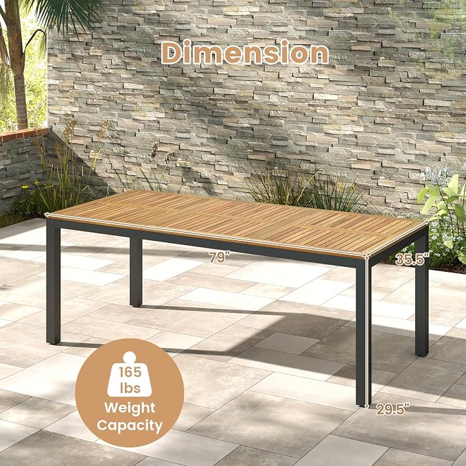 RELAX4LIFE Patio Outdoor Dining Table for 8, 79’’ x 35.5’’ Acacia Wood Rectangular Table w/Slatted Top, Umbrella Hole & Metal Legs, Indoor Outdoor Picnic Bistro Table, 8-Person Patio Dining Table