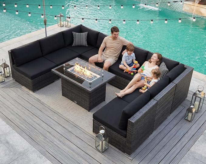 BULEXYARD 9 Pieces Highback Wicker Patio Furniture Set with Firepit, High Weight Capacity Outdoor Sectional Couch Sofa 8-Seater Modular, Plus Comfortable Wide Deep Deck Seating Group, Grey & Black