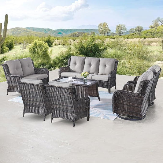 Belord 7 Piece Wicker Patio Furniture Set, Outdoor Swivel Rocker Chairs Set of 2 with Ottomans, 3 Seat Sofa and Loveseat, All Weather Patio Conversation Furniture Set, for Pool,Yard Brown Wicker/Gray