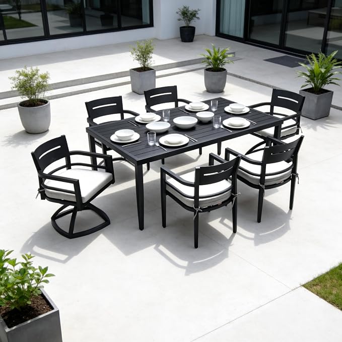 7-Piece Outdoor Patio Aluminum Furniture Set, 70” Rectangle Dining Table with Umbrella Hole and 2 Swivel Rockers Chairs & 4 Dining Chairs, Modern Dining Set for Backyard, Garden
