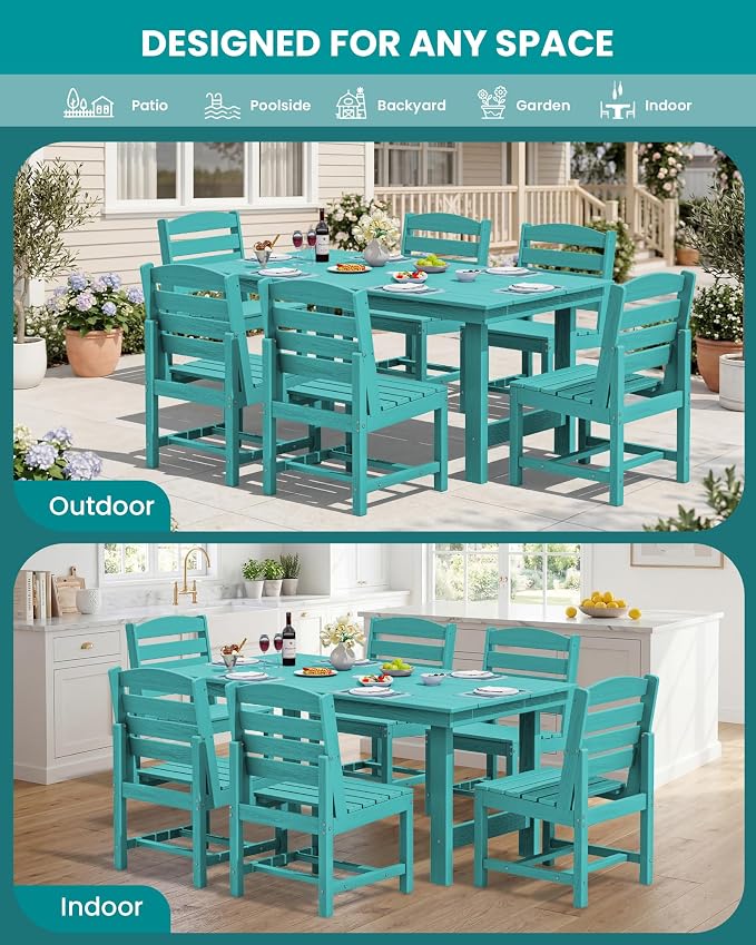 SERWALL 7-Pc HDPE Patio Dining Set, 1 Table & 6 Armless Chairs, Aruba | HDPE Outdoor Dining Set with Rectangular Table & 6 Armless Chairs, All-Weather Resistant SERWALL Dining Set for 6