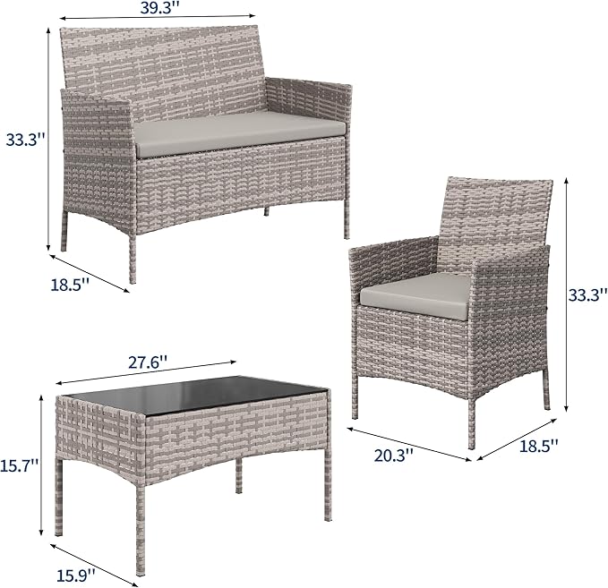 PeakPursuit Patio Furniture Sets 4 Pieces All-Weather Outdoor Furniture PE Rattan Wicker Chairs with Soft Cushion and Glass Coffee Table for Yard Backyard Lawn Porch Poolside Balcony,Grey