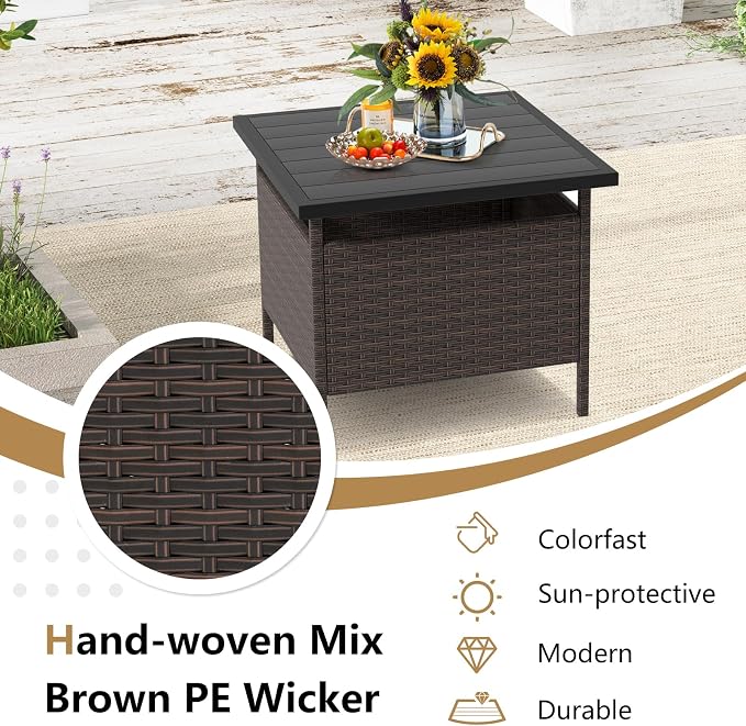 LUARANE Rattan Umbrella Side Table, Outdoor Wicker Stand Table with Umbrella Hole Steel, Suitable for Gardens, Balconies, Poolside (HDPE Tabletop)