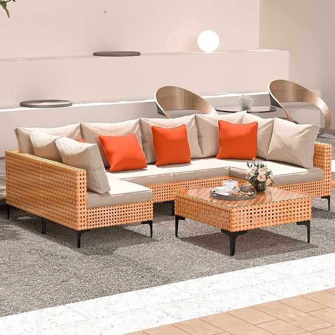 7 Piece Outdoor Patio Furniture Set Modular Outdoor Furniture Set Wicker Outdoor Sectional Sofa with Table Patio Set for Balcony Porch Deck Yard (Salmon&Orange Wicker, Sand Cushion)