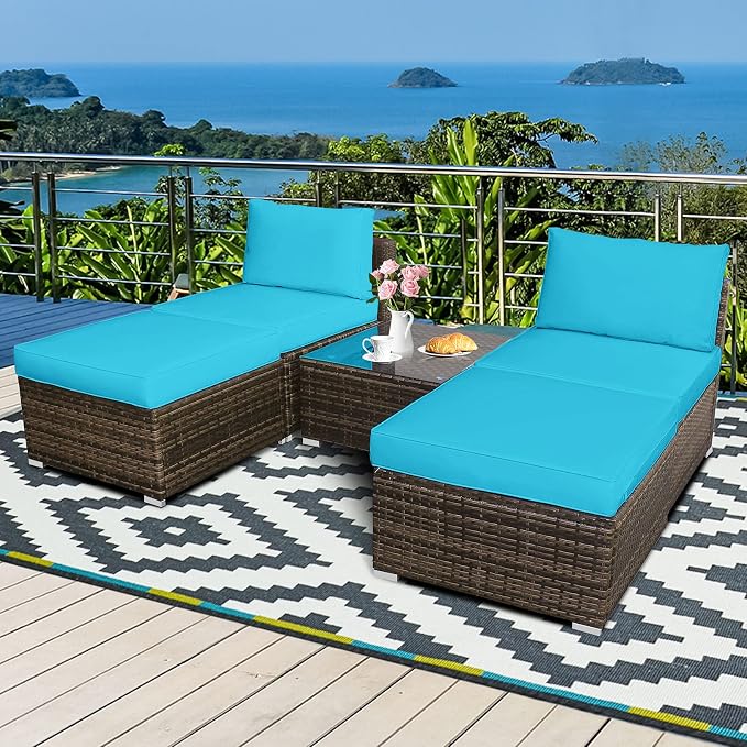 Tangkula 5 Piece Wicker Lounge Chair Set, with Tempered Glass Coffee Table, Outdoor Conversation Sets w/Washable Zippered Cushions, Includes 2 Armless Sofas, 2 Ottomans and 1 Side Table (Turquoise)