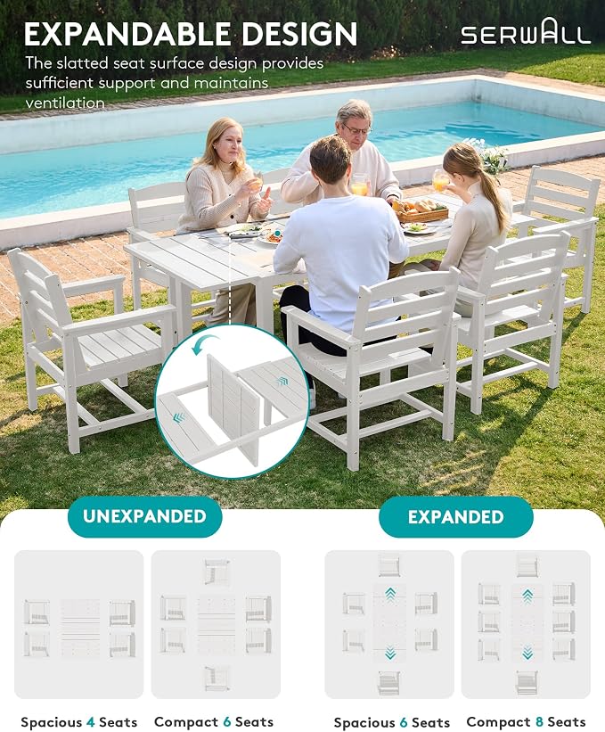 SERWALL 60" - 83" Expandable Outdoor Dining Table and 6 HDPE Chairs, White | Outdoor Dining Set for 6, All Weather Aluminum and HDPE Outdoor Furniture Set, Extendable Patio Dining Table
