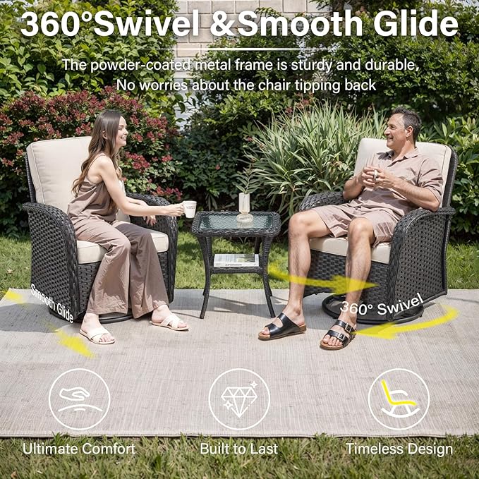 Belord 5-Piece Patio Furniture - Outdoor Conversation with Deep Seating Swivel Rocker Chairs Loveseat and Rattan Coffee Table, Black with Beige Cushion