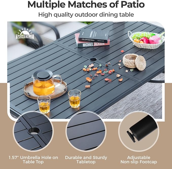 SUNSHINE VALLEY 7 Piece Patio Dining Set for 6, Rectangular Metal Dining Table with Umbrella Hole and 6 Chairs, Outdoor Table and Chairs Set for Lawn Backyard and Deck, Brown
