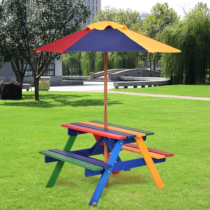 HAPPYGRILL Kids Picnic Table Set Children Table with Umbrella