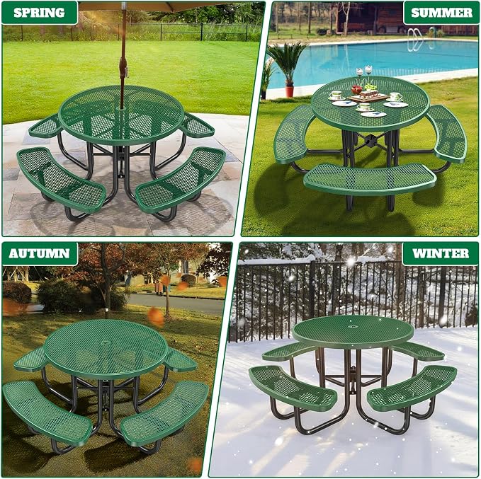46IN Round Outdoor Picnic Table with Attached Seats, Heavy-Duty Metal Expanded Mesh Patio Table, 1600LBS Load Capacity Commercial-Grade Table for Park, Backyard, Deck, Green