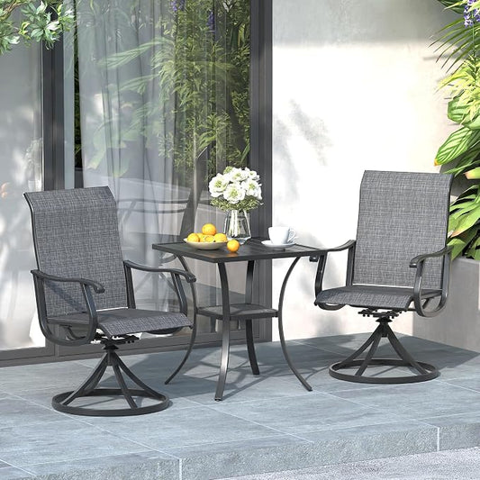 3 Pieces Patio Furniture Dining Set, 2 Textilene Swivel Dining Chairs, 28" Outdoor Square Metal Table with Storage Shelf, Outdoor Dining Set for Porch, Lawn, Garden, Black/Black