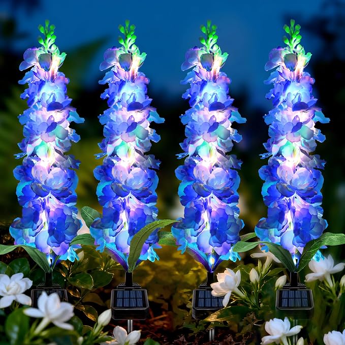 MRHEPHAESTUS Solar Garden Lights, Solar Blue Delphinium Flowers Lights 8 Pack 160 LEDs, Waterproof Outdoor Light Two Lighting Modes for Outside Wedding Party Garden Yard Patio Lawn Decor